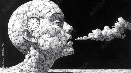 Surreal artistic expression of time and identity abstract setting digital art conceptual interpretation