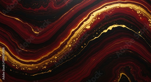 Abstract Fluid Art with Gold Veins and Deep Burgundy Swirls