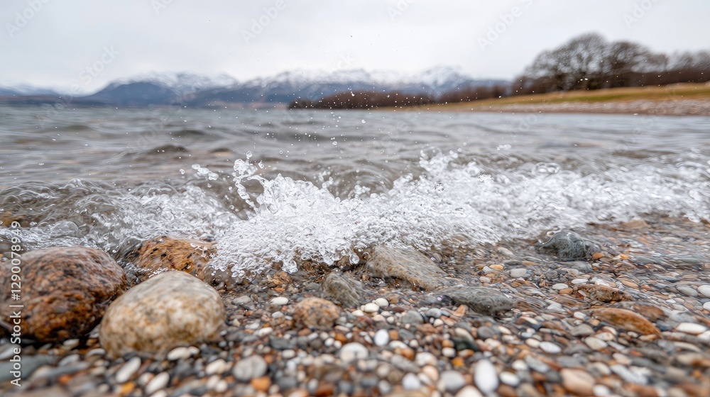 Lake waves splashing on rocky shore, mountains background; nature scene