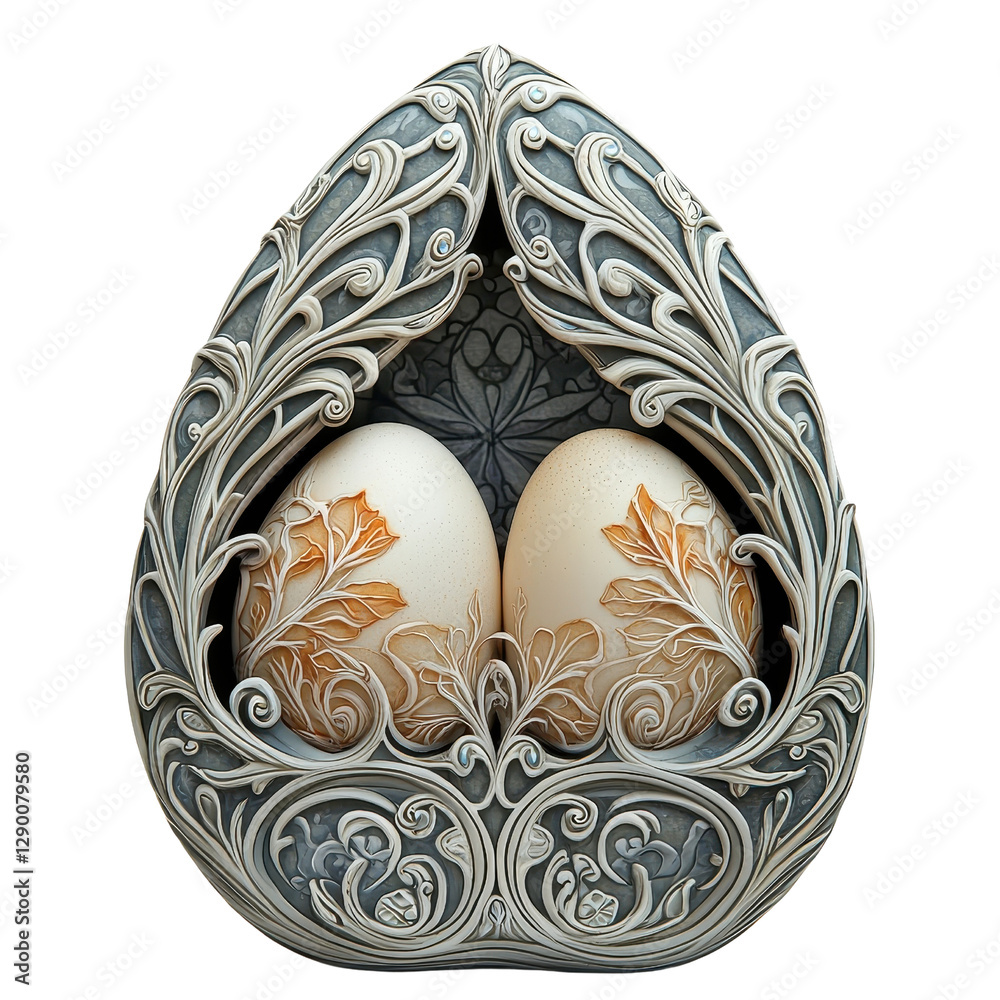 Fototapeta premium Broken egg in Art Nouveau style, elegant and intricate designs, isolated on white background. cutout png