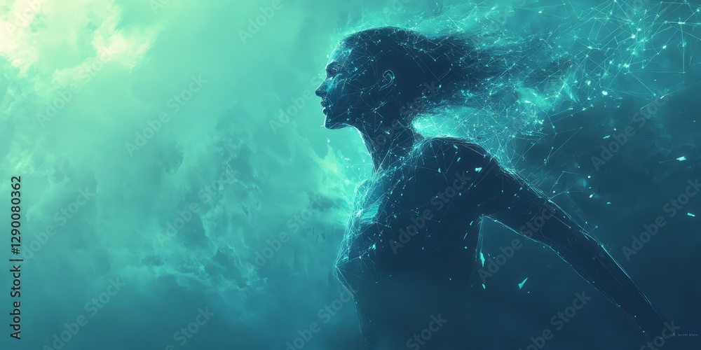 Fototapeta premium Abstract representation of woman connected to a network of data