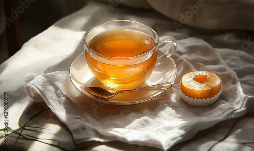 Warm cup of peach tea with a teaspoon of honey, delivering soothing comfort and calming flavors