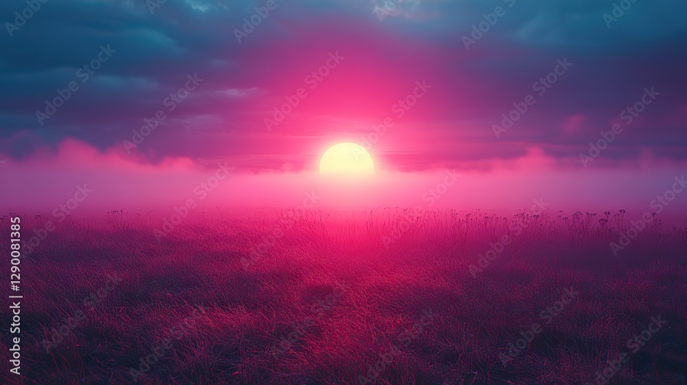 Naklejka premium neon text art in dreamy landscapes foggy sunrise over a field with with neon word future