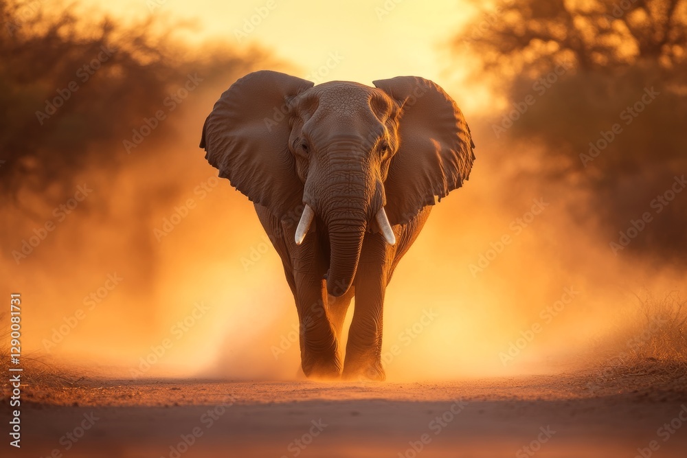 Obraz premium Large elephant is walking through a dusty road