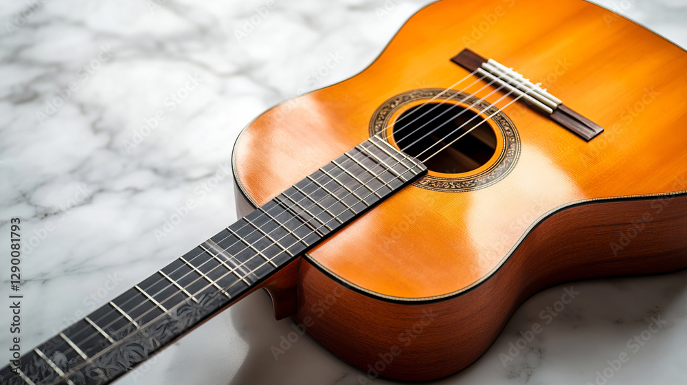 Obraz premium An acoustic guitar rests on white marble, its wooden grain contrasting with the soft texture of the stone, evoking timeless elegance and musical beauty.