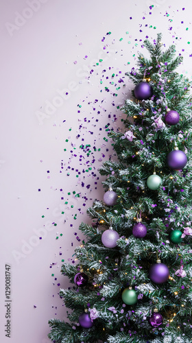 A Christmas tree adorned with purple and green decorations surrounded by confetti, set against a light lilac background for a festive and cheerful holiday vibe.