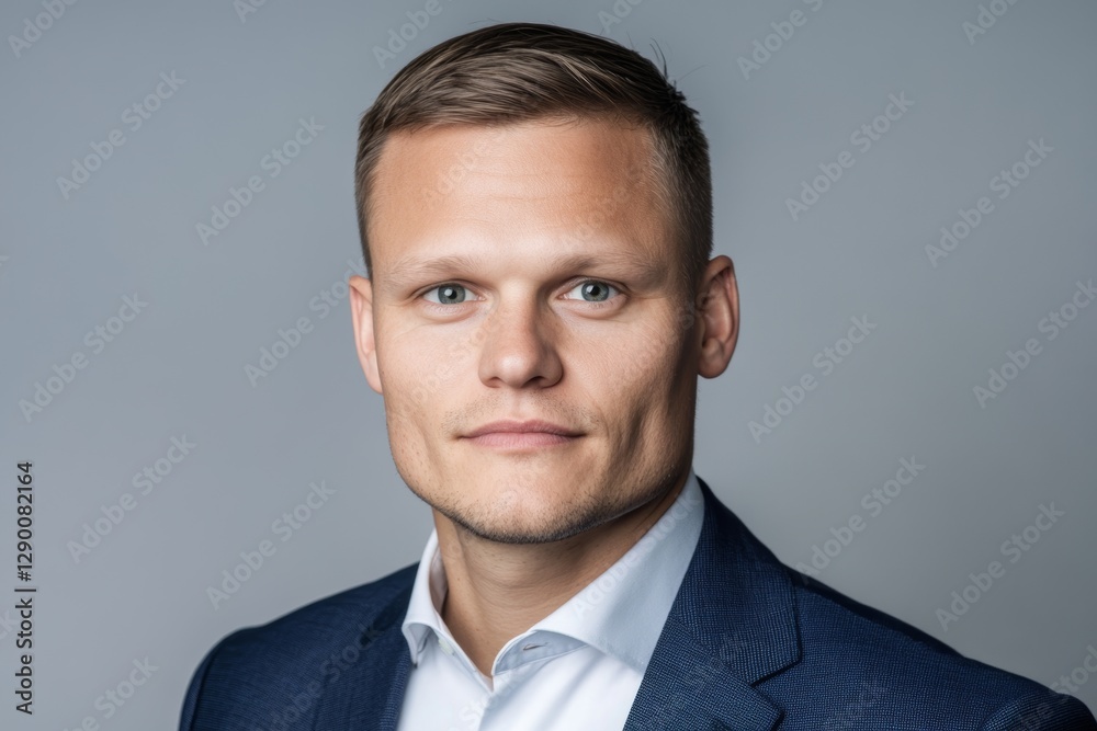 Man in a blue suit and white shirt is smiling for the camera Man in a blue suit and white shirt is smiling for the camera