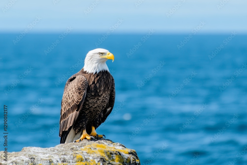 Bald eagle is perched on a rock overlooking the ocean Bald eagle is perched on a rock overlooking the ocean