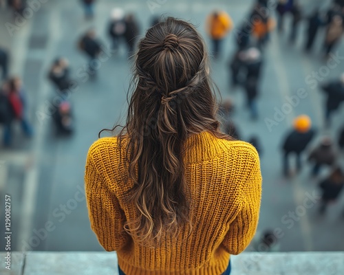 Woman, city, crowd, alone, view, autumn, sweater, pensive