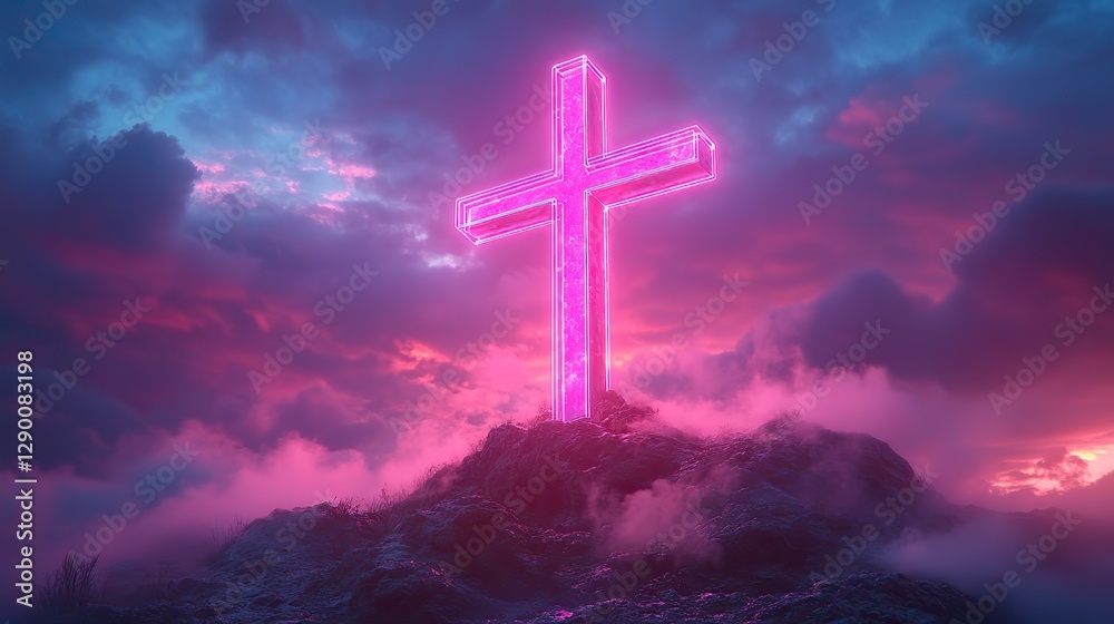 Obraz premium neon text art in dreamy landscapes neon cross with jesus sign on top of a mountain beautiful sunrise over the sea of fog