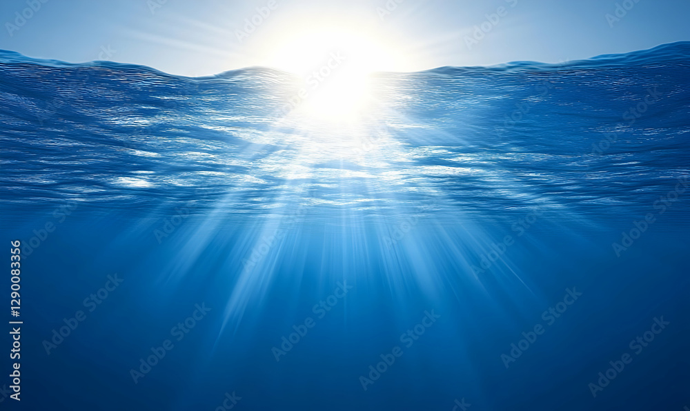 Fototapeta premium Stunning underwater scene showcasing sunbeams piercing through the ocean's surface, creating a breathtaking light show. Ideal for backgrounds, websites, and design projects.