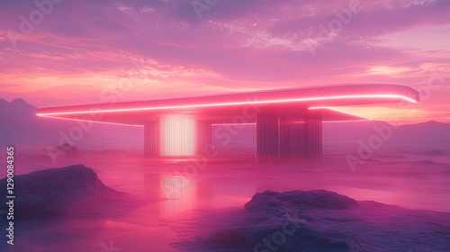 A futuristic pavilion glowing with energy lines in a vast desert photo