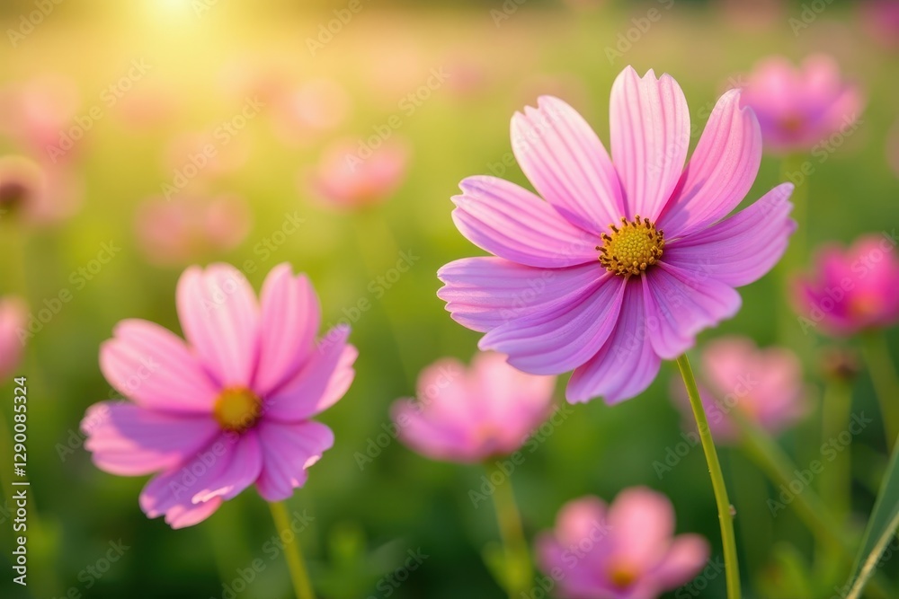 Pink cosmos flowers sway gently in a summer field , floral, image Pink cosmos flowers sway gently in a summer field , floral, image