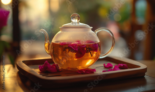 Elegant clear glass teapot filled with peach tea, accented by delicate floral garnish for refinement