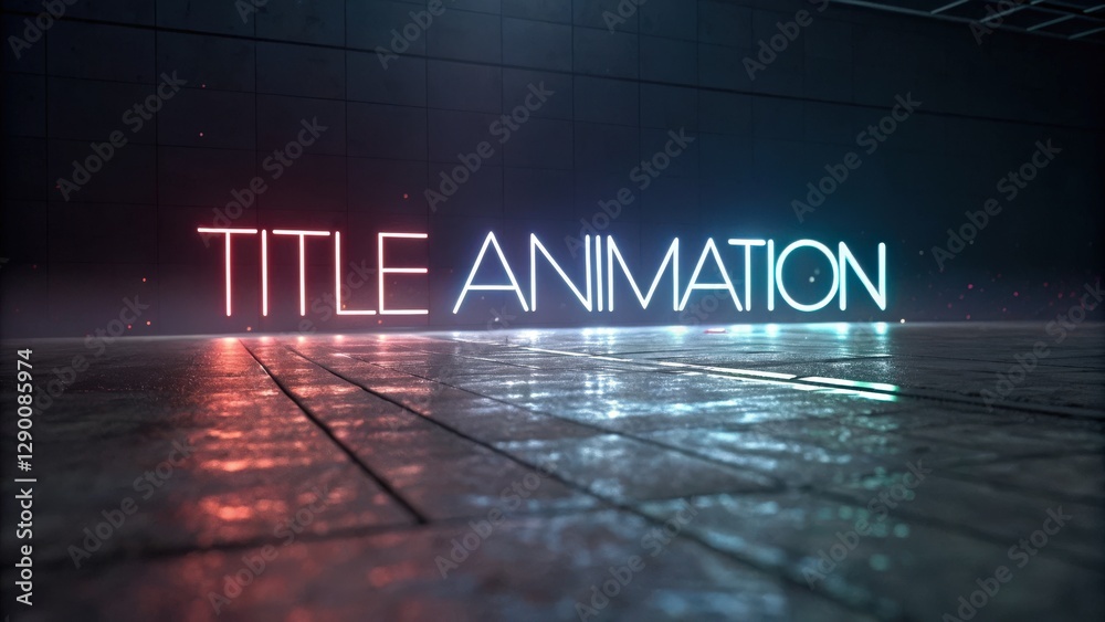 Obraz premium Graphic design software animation templates concept. Neon title animation reflecting on a wet surface with dark background.