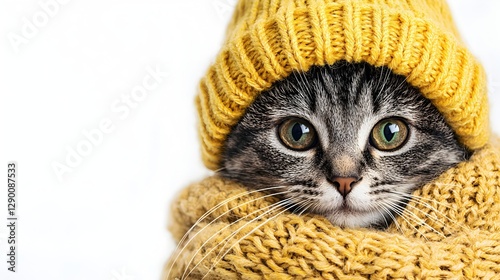 Cute Cat in Yellow Knitted Hat and Scarf for Cozy Winter Vibe