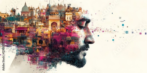 Portrait of a man with buildings forming part of his head