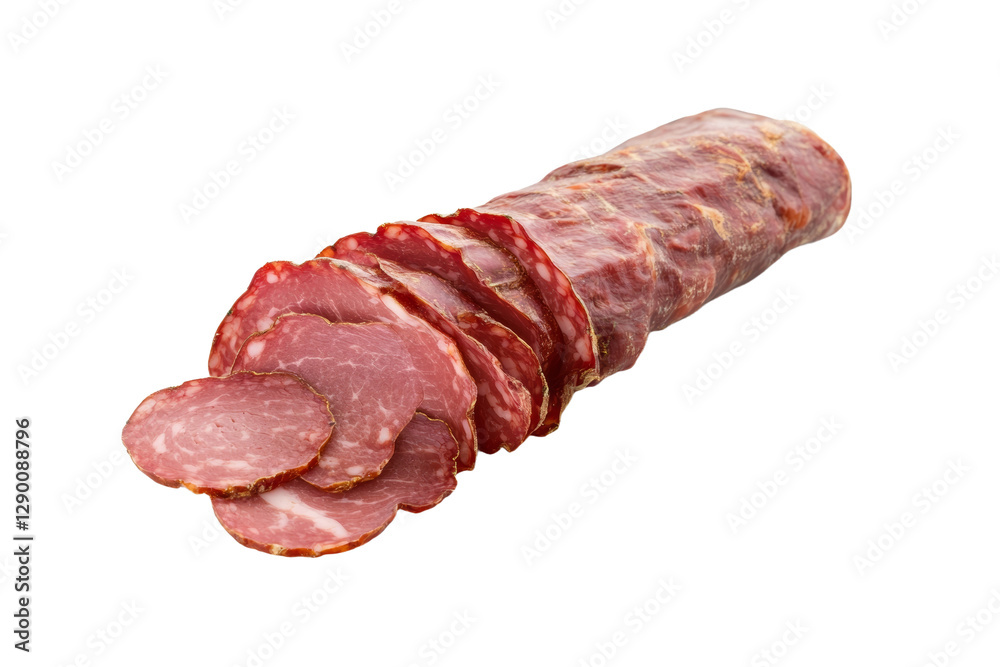 Long piece of meat is sliced into pieces, isolated Long piece of meat is sliced into pieces, isolated