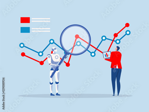 Business Analyze stock market,Robot with artificial intelligence holding magnifying glass  ai examining analytics concept. Vector illustration