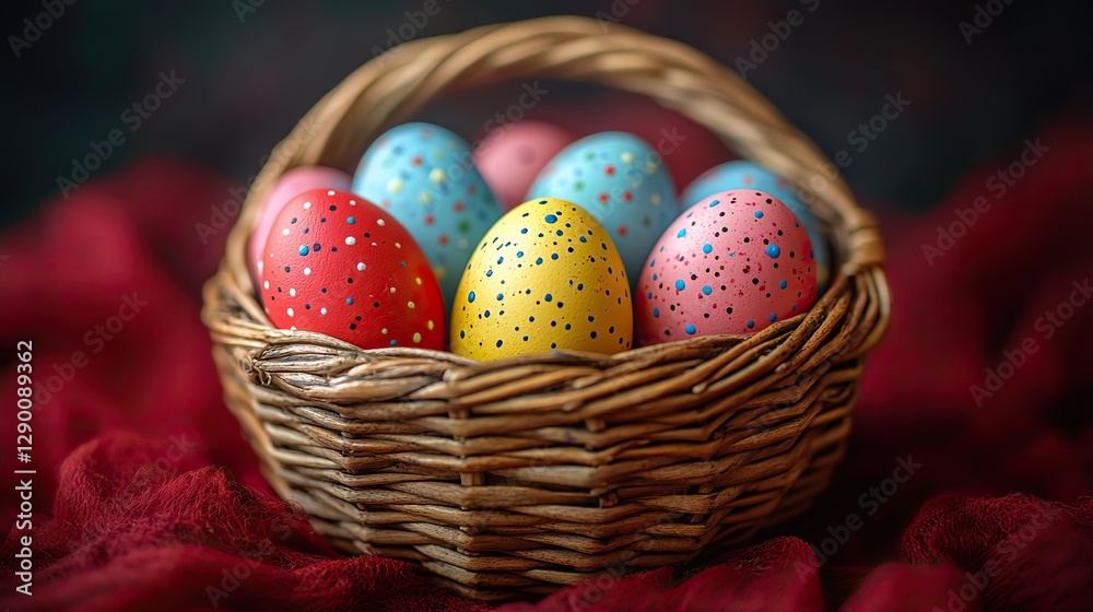 Fototapeta premium painted easter eggs in a wicker basket on a red cloth