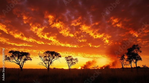 Fiery sunset over savanna with distant wildfire.