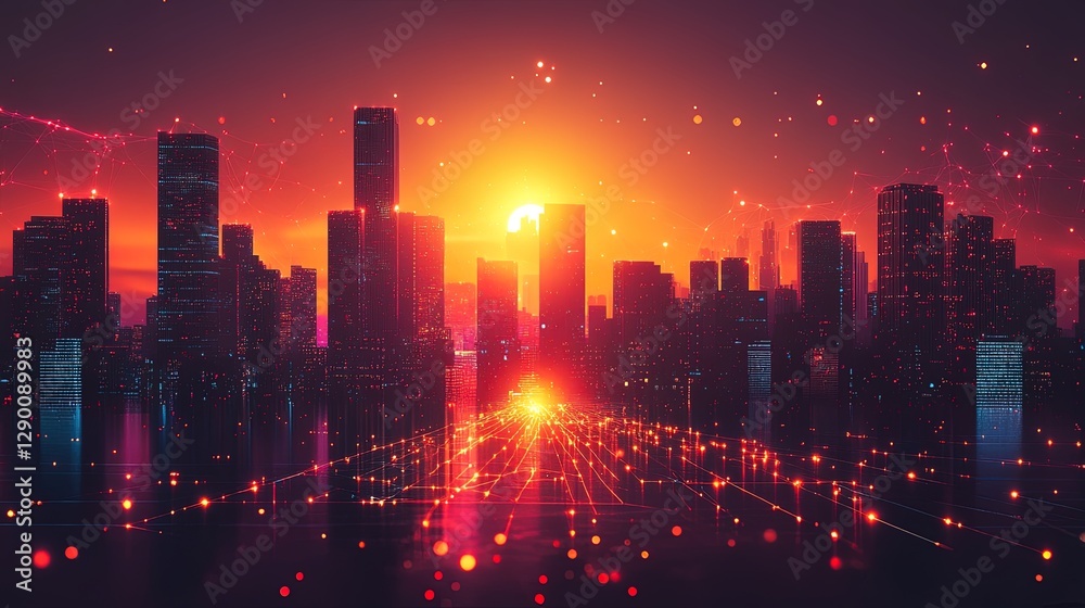 Fototapeta premium A business journey visualized as a glowing path through a futuristic cityscape