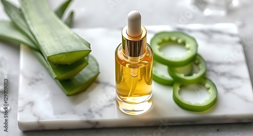 Natural Skincare Essential Oil Dropper Bottle with Fresh Aloe Vera Leaves and Green Slices on Marble Tray