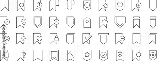 Collection of Icons of Bookmark. Suitable for books, stores, shops. Editable stroke in minimalistic outline style. Symbol for design