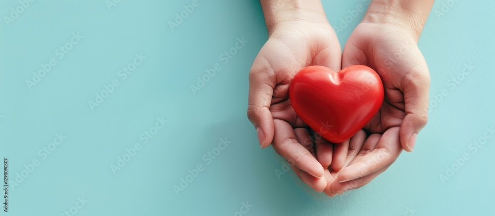 Hands holding a vibrant red heart on a soft light blue background with a clean copy space area to the left. Hands holding a vibrant red heart on a soft light blue background with a clean copy space area to the left.