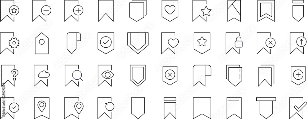 Collection of icons of Bookmark for Advertisement. Suitable for books, stores, shops. Editable stroke in minimalistic outline style. Symbol for design Collection of icons of Bookmark for Advertisement. Suitable for books, stores, shops. Editable stroke in minimalistic outline style. Symbol for design