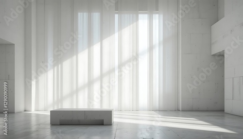 A bright room with a large window and sheer curtains