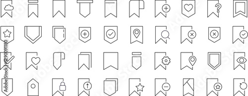 Line Signs of Bookmark for Adverts. Suitable for books, stores, shops. Editable stroke in minimalistic outline style. Symbol for design
