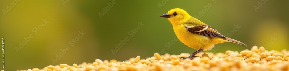 Naklejka premium Small yellow bird, Chirihue Azafran, eats rice grains on warm spring morning , environment, outdoors