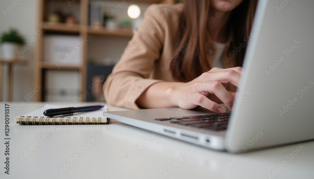 Fototapeta premium Woman typing on a laptop in a warmly lit home office.