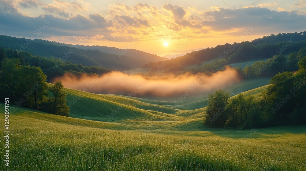 Fototapeta premium peaceful countryside with sunlit grass soft morning light misty horizon