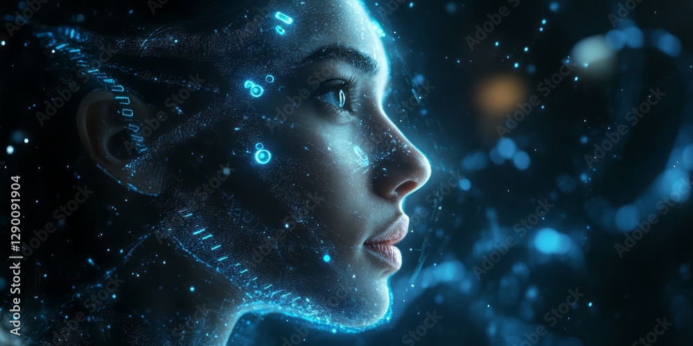 Profile view of a woman surrounded by digital luminescence Profile view of a woman surrounded by digital luminescence
