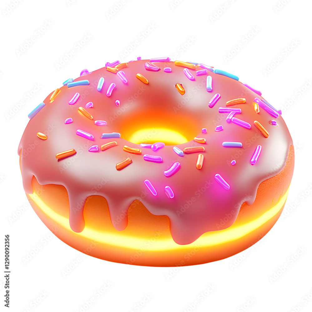 A Fluffy 3D Cartoon Doughnut with Glowing Pink Frosting Isolated on Transparent Background A Fluffy 3D Cartoon Doughnut with Glowing Pink Frosting Isolated on Transparent Background