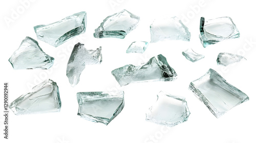 broken glass fragments scattered, isolated on white with clipping path, capturing the sharp edges and detail of each piece.