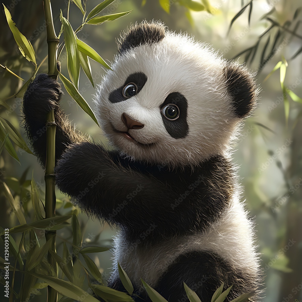 Obraz premium Adorable Panda Cub Climbing Bamboo