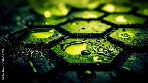 Photorealistic Green Hexagons with Water Droplets in Sharp Focus