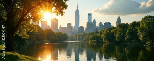 Sun-drenched Central Park, Manhattan skyline shimmering in summer haze , day, park, nature