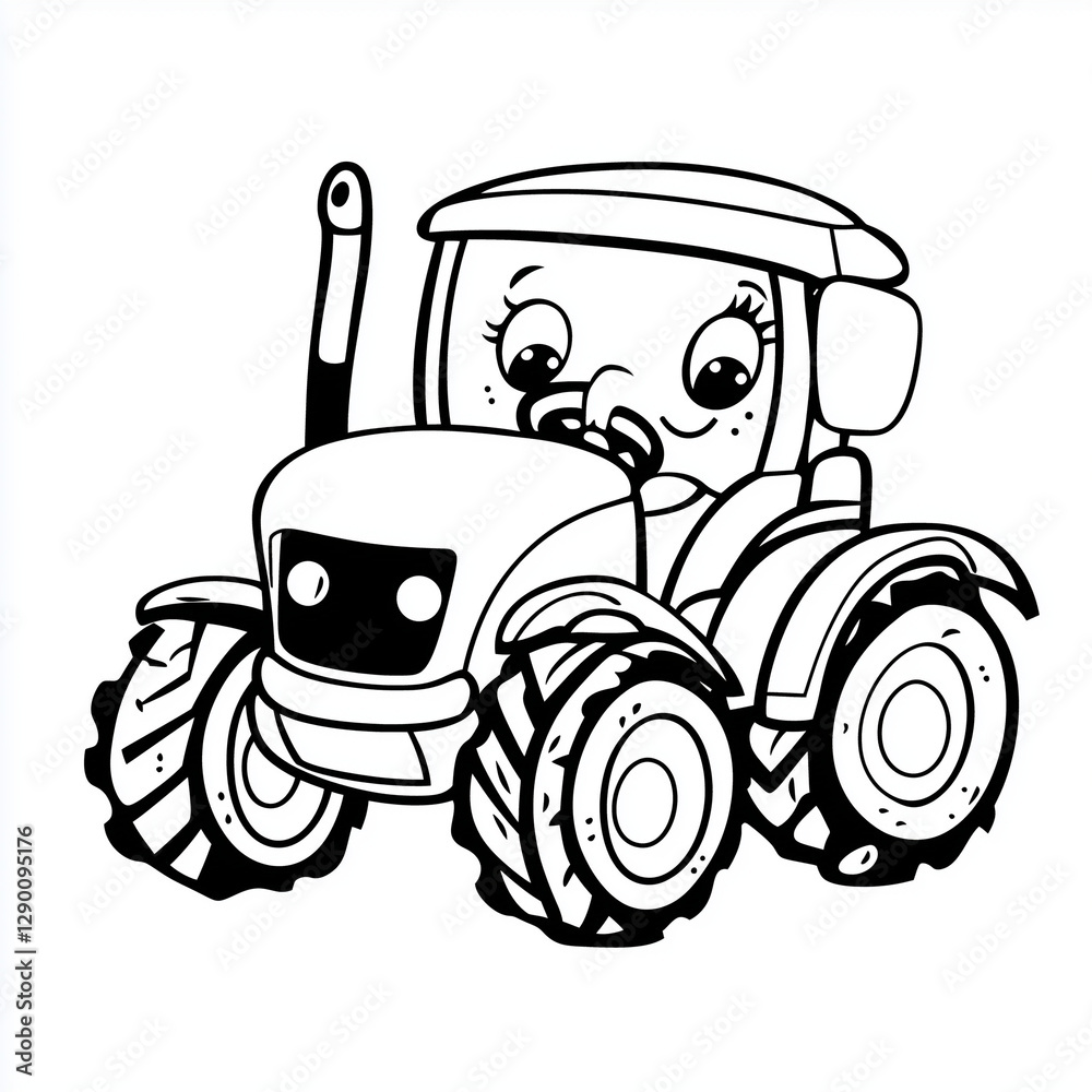 Charming kawaii style tractor drawing in crisp black and white, designed for playful coloring activities Charming kawaii style tractor drawing in crisp black and white, designed for playful coloring activities
