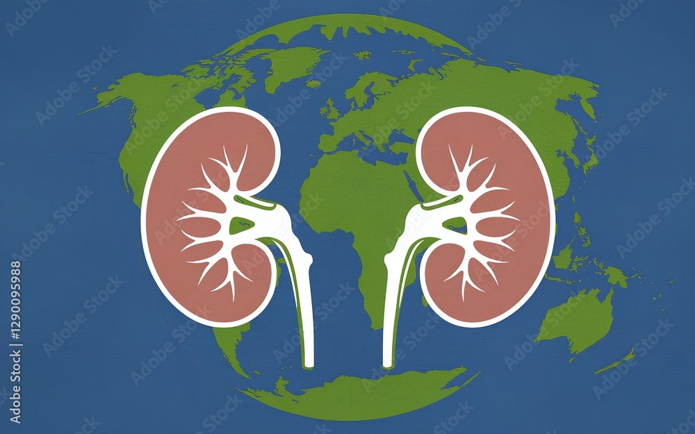 Fototapeta premium Globe Inspired Kidneys with Simplified World Map Design Featuring Green Continents on Blue Background for Global Health Awareness - World Kidney Day