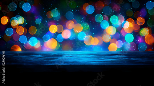 Dark Wooden Table with Vibrant Bokeh Lights Background