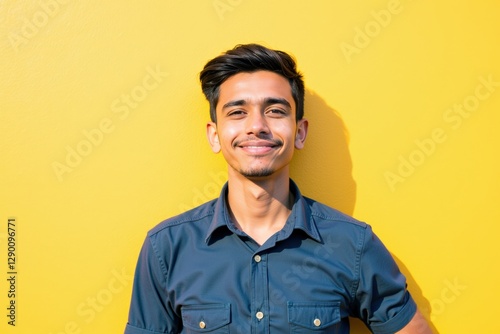 Portrait of a Smiling South Asian Male in His Early 20s Against a Bright Yellow Background, Exuding Youthful Energy and Positivity
