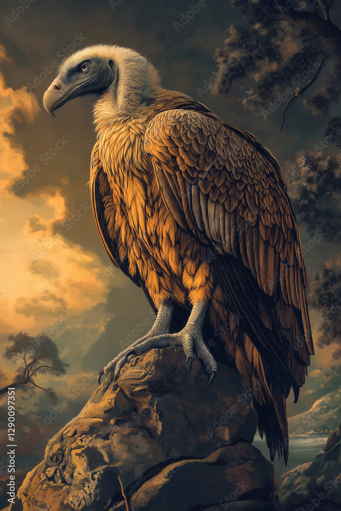 Fototapeta premium Digital Illustration of a Vulture Perched on a Bare Tree Branch Against a Stunning Sunrise or Sunset Sky with Orange and Yellow Hues – A Serene and Peaceful Wildlife Scene