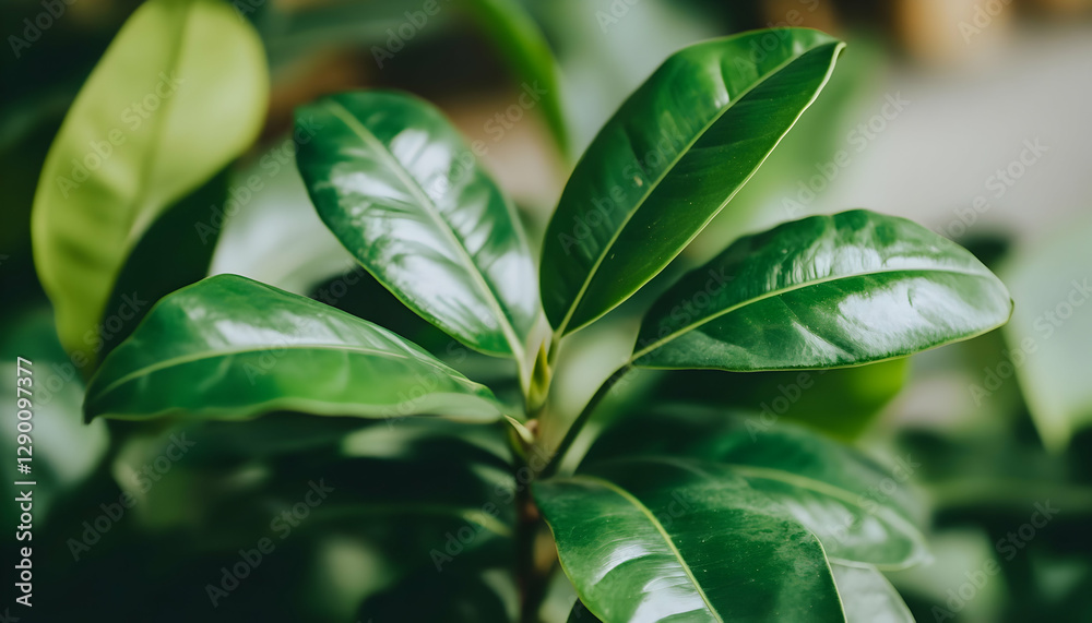 Obraz premium Lush green leaves of a tropical plant, close-up shot showcasing vibrant texture and color. Perfect for nature, botany, or wellness themes.