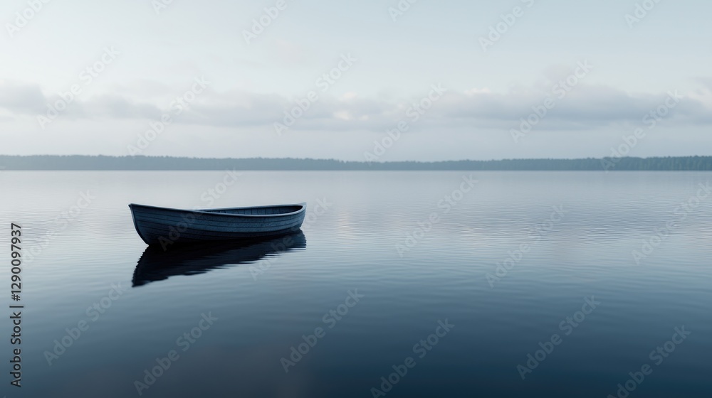 Calm lake scene with a lone canoe. Tranquil morning. Peaceful. Possible use For a meditation app or a nature-related poster Calm lake scene with a lone canoe. Tranquil morning. Peaceful. Possible use For a meditation app or a nature-related poster