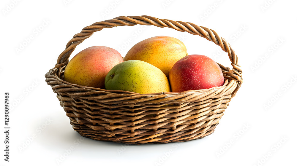 A wicker basket overflowing with ripe mangoes of varying colors. A vibrant still life. A wicker basket overflowing with ripe mangoes of varying colors. A vibrant still life.