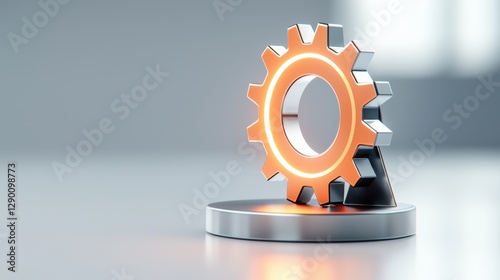 A metallic gear icon with an illuminated orange center, placed on a circular platform against a blurred backgr